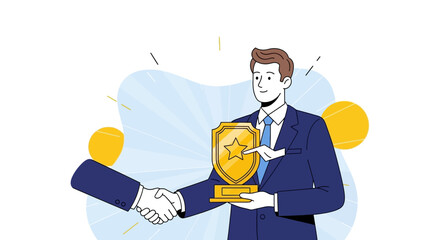 Business Agreement Handshake Presenting Gold Shield With a Star and Corporate Achievement