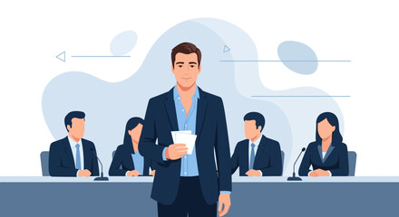 Business conference with a speaker and a group of people in elegant clothes