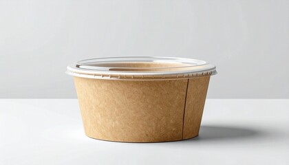 Square eco-friendly food container with transparent lid on gray background.