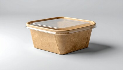 Square eco-friendly food container with transparent lid on gray background.