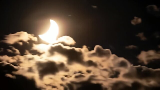 Dramatic partial solar eclipse shining through fast moving clouds in a dark night sky