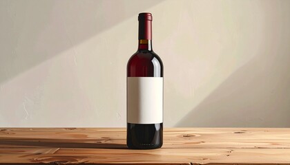 Single upright red wine bottle with blank label on wooden surface and light background.