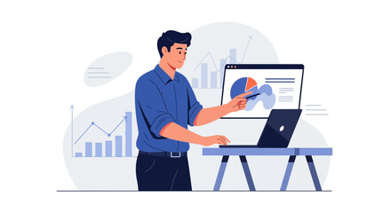 Business Analyst Presenting Data Analysis On Computer Screen Information Illustration