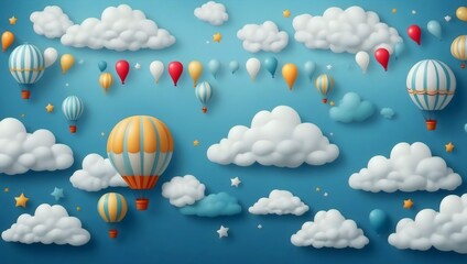 Obraz premium Whimsical Illustration of Hot Air Balloons and Clouds in the Sky, Evoking Joy and Imagination