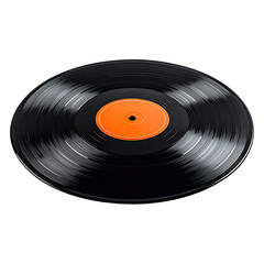 Obraz premium Shiny black vinyl record with a bright orange label centered, on a black background