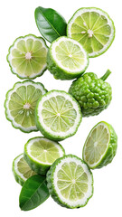 Freshly sliced kaffir lime fruit and leaves showing vibrant green pulp and textured rind isolated on transparent background