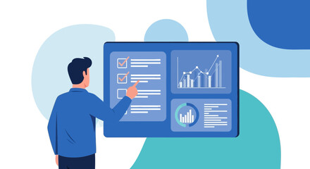 Business Analyst Reviewing Graphs and Data Visualizations on a Digital Display