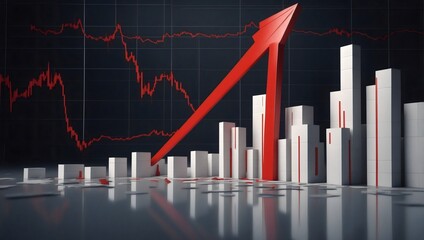 Fototapeta premium A dynamic financial illustration shows upward trends with bar graphs and a rising arrow in a sleek, modern visual, showcasing positive growth and the movement of stock