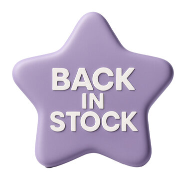 Purple star sticker with BACK IN STOCK message in bold lettering, vibrant retail promo offer on transparent background.