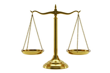 Antique brass justice scales symbol of law and balance isolated on transparent background