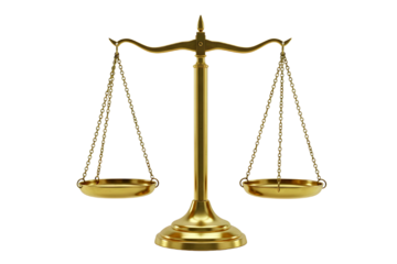 Antique brass justice scales symbol of law and balance isolated on transparent background
