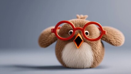 Cute cartoon bird wearing red glasses against a soft background.