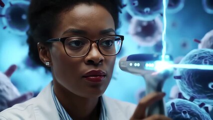 Focused female scientist using a futuristic laser device for advanced virus research in a modern laboratory - Powered by Adobe