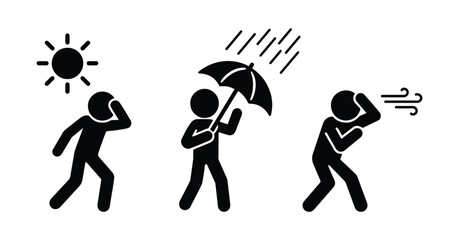 Weather icons set, sun, wind and rain, isolated sticks, figure, people, silhouettes
