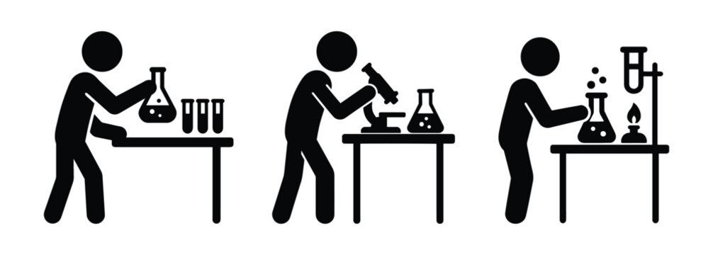 A stickman icon set in a laboratory. A laboratory technician is conducting experiments with test tubes and a microscope.