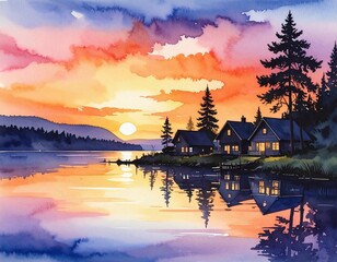 silhouette sunset on the lake