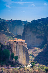View of Meteora Monastery, Greece. Geological formations of big rocks with Monasteries  on top of them.