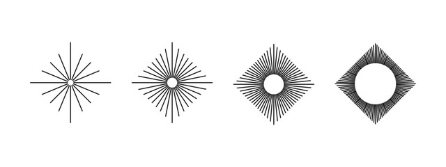 Straight radial lines in rhombus shapes. Set of dimond shaped sunburst icons. Solar signs. Radiance, spin, explosion or firework symbols isolated on white background. Vector graphic illustration.
