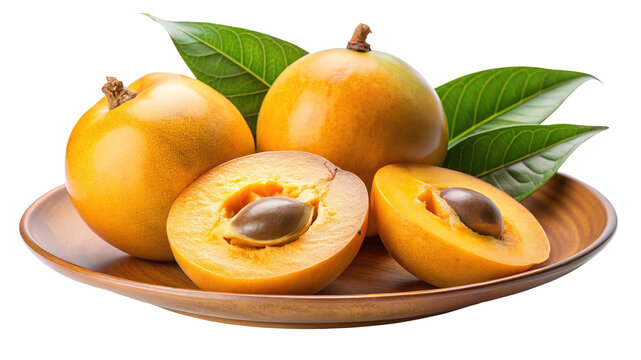 Freshly harvested golden lucious sapote fruits displayed in a wooden bowl with green leaves isolated on transparent background