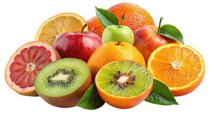 Vibrant assortment of fresh tropical and citrus fruits including kiwi orange grapefruit apple isolated on transparent background