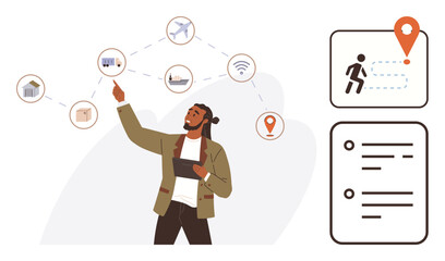 Man with digital tablet planning logistics, connected resources thumbs up warehouse, shipping. Ideal for logistics, technology, planning, delivery, organization, workflow management modern business