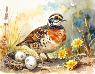 Wild Quail in the Grass with Eggs