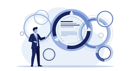 Business Presentation Icon: Man Presenting Business Plan with Infographic Illustration