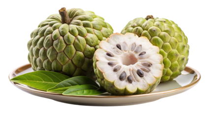 Three ripe custard apples one sliced in half revealing creamy white flesh and black seeds isolated on transparent background