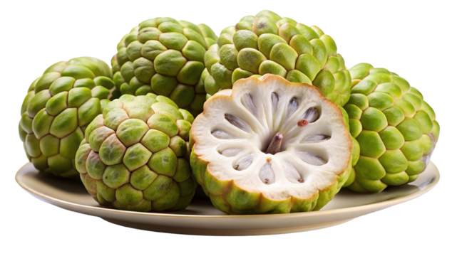 A cluster of ripe green custard apples with one fruit cut in half revealing its creamy white flesh and black seeds isolated on transparent background