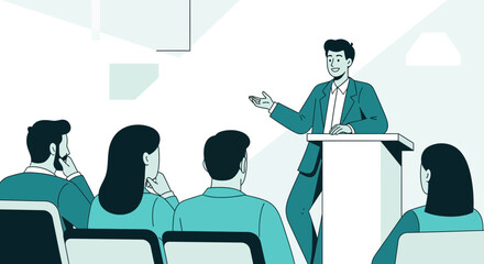 Business Presentation Illustration: A Dynamic Depiction of Public Speaking in a Conference