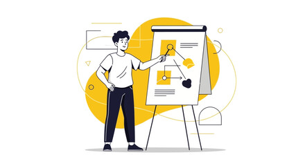 Business Presentation Illustration: A Person Detailing Analysis On A Whiteboard With Yellow