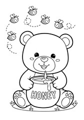 Adorable Cartoon Bear Holding a Honey Pot with Bees Flying Around - Engaging Black and White Line Art Illustration Perfect for Children's Creative Coloring Activities