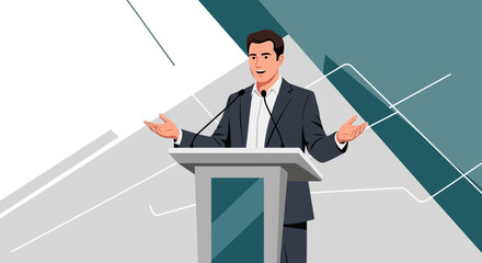 Business presentation illustration featuring a man giving a speech at a podium with graphics
