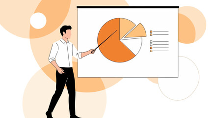 Business presentation illustration of a man pointing at a pie chart during analysis