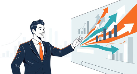 Business presentation illustration of a businessman with charts and graphs pointing