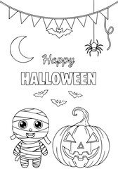 Printable Halloween-themed coloring activity for children, showcasing a cute mummy, traditional carved pumpkin, and various festive elements