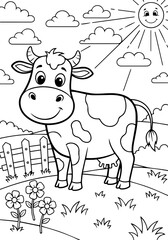 Adorable farm cow coloring page for children, featuring a smiling calf in a sunny field with blooming flowers and fluffy clouds, perfect for creative fun and imagination