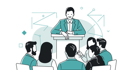 Business presentation illustration of a speaker with an audience  for a company strategy