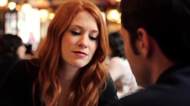 Woman with red hair at a cafe with a man in a dark suit jacket