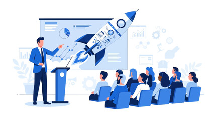 Business presentation about startup vision for ambitious growth and rocket launch metaphor