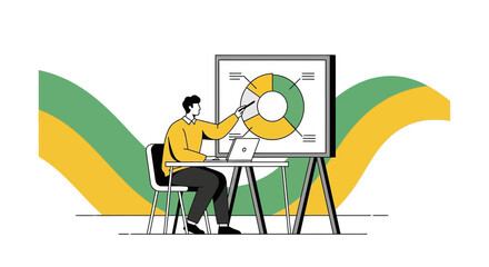 Business presentation of a person with a pie chart using a laptop and a board for analytics