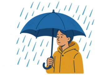Young man in yellow raincoat holding umbrella during rain, staying dry and protected from weather elements
