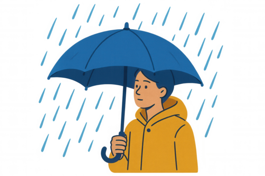 Young man in yellow raincoat holding umbrella during rain, staying dry and protected from weather elements