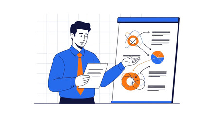 Business Professional Giving Presentation With Charts And Explanations On White Board