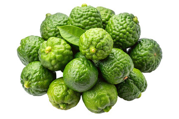Fototapeta premium A vibrant pile of fresh green kaffir lime fruits with textured bumpy skin isolated on transparent background