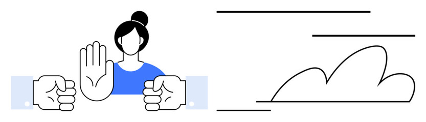 Woman raising hand to stop fighting hands, emphasizing conflict resolution, peace, and boundaries. Ideal for leadership, communication, negotiation, respect mediation teamwork empowerment. Simple
