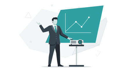 Business Professional Presenting Financial Growth Diagram With Projector On White Background