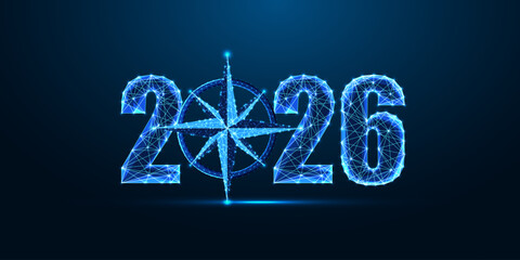 Glowing 2026 with compass rose symbol, navigating the future and finding direction digitally, vector © Inna