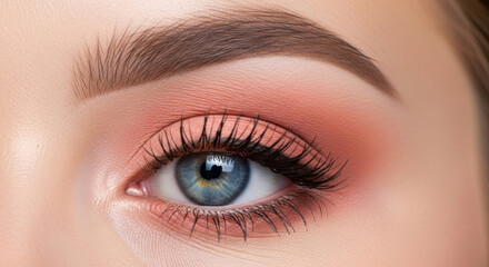 Obraz premium A high-detail, professional close-up photograph of a female eye with perfectly blended peach eyeshadow,