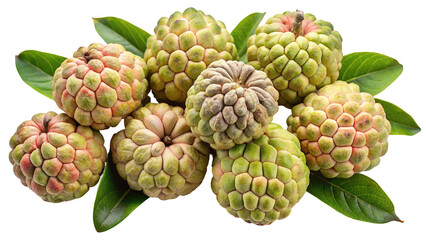 Fototapeta premium A cluster of ripe custard apples with green leaves showcasing their unique segmented texture isolated on transparent background